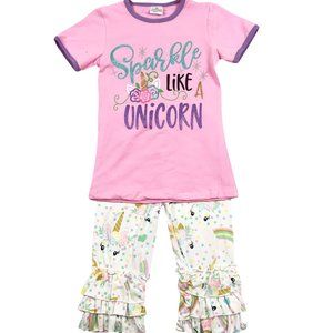 Little Girl Unicorn T-Shirt Top Tee Capris Ruffle Pants Outfit Clothing 2 PC Set